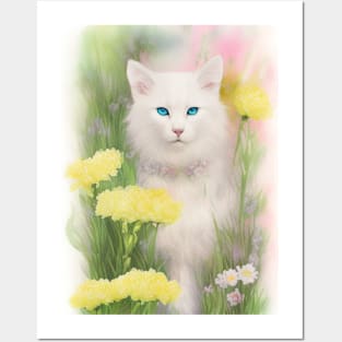 White Cat in the Flower Garden Soft Pastel Colors Posters and Art